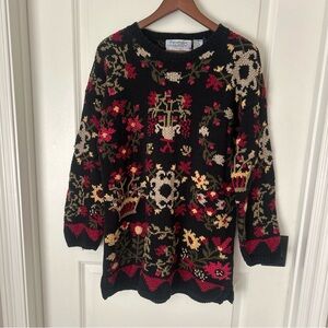Vintage Signatures Northern Isles Hand Knit Black Red Floral Tunic Sweater Sz M